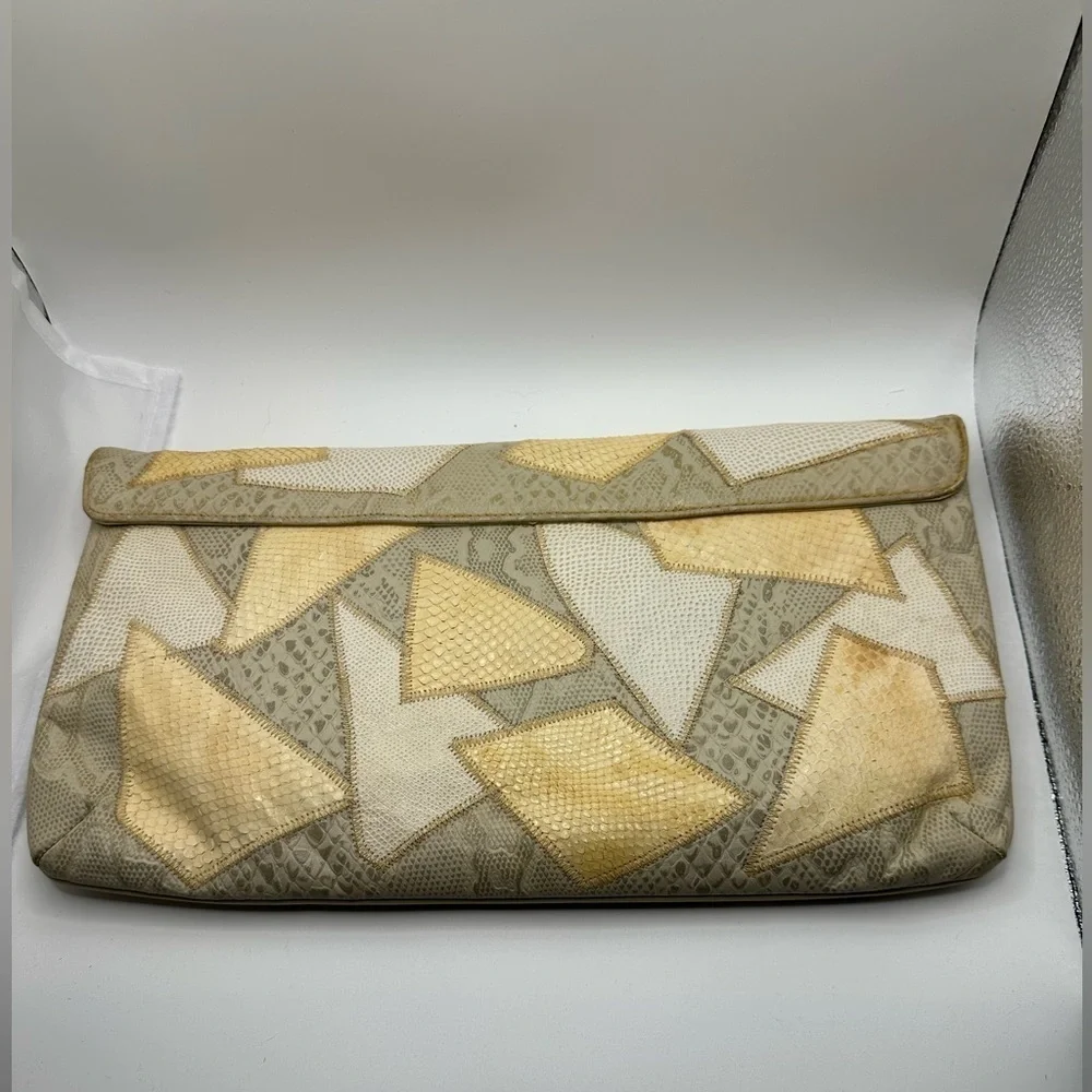 Vintage 1980s snakeskin patchwork clutch handbag